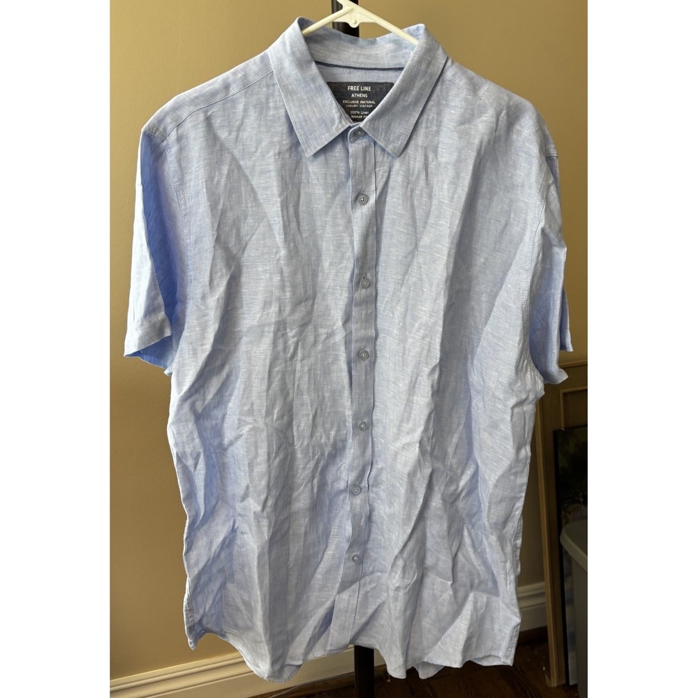 Free Line Athens 100% Linen Mens 2XL Short Sleeve Blue Button Up Shirt